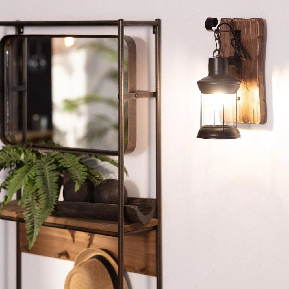 Rustic Lantern Wall Light with Natural Wood Accent – Vintage Black Metal Sconce for Indoor and Outdoor Use 0