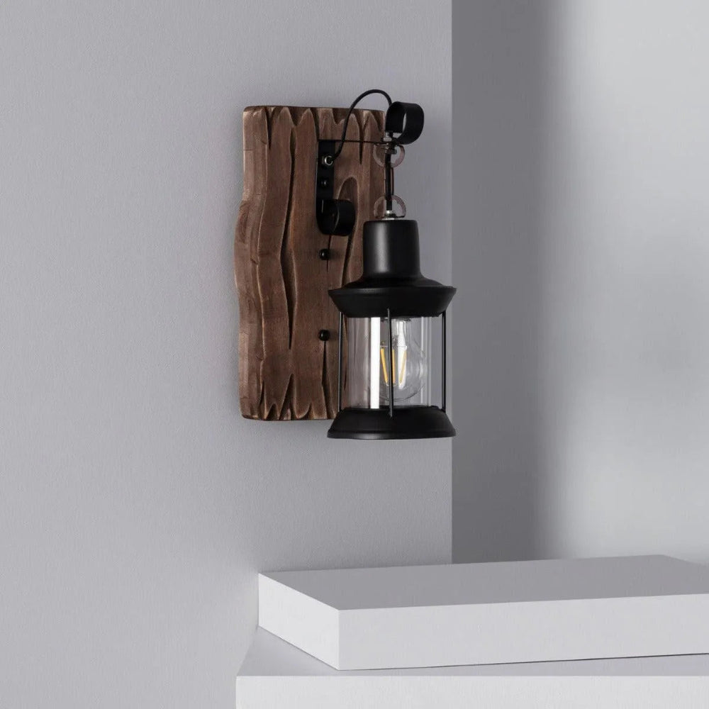 Rustic Lantern Wall Light with Natural Wood Accent – Vintage Black Metal Sconce for Indoor and Outdoor Use 1