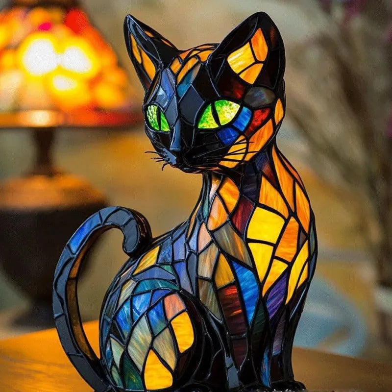 Stained glass cat sculpture with colorful mosaic design on a blurred background