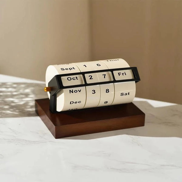 Perpetual calendar on a wooden base with a beige background