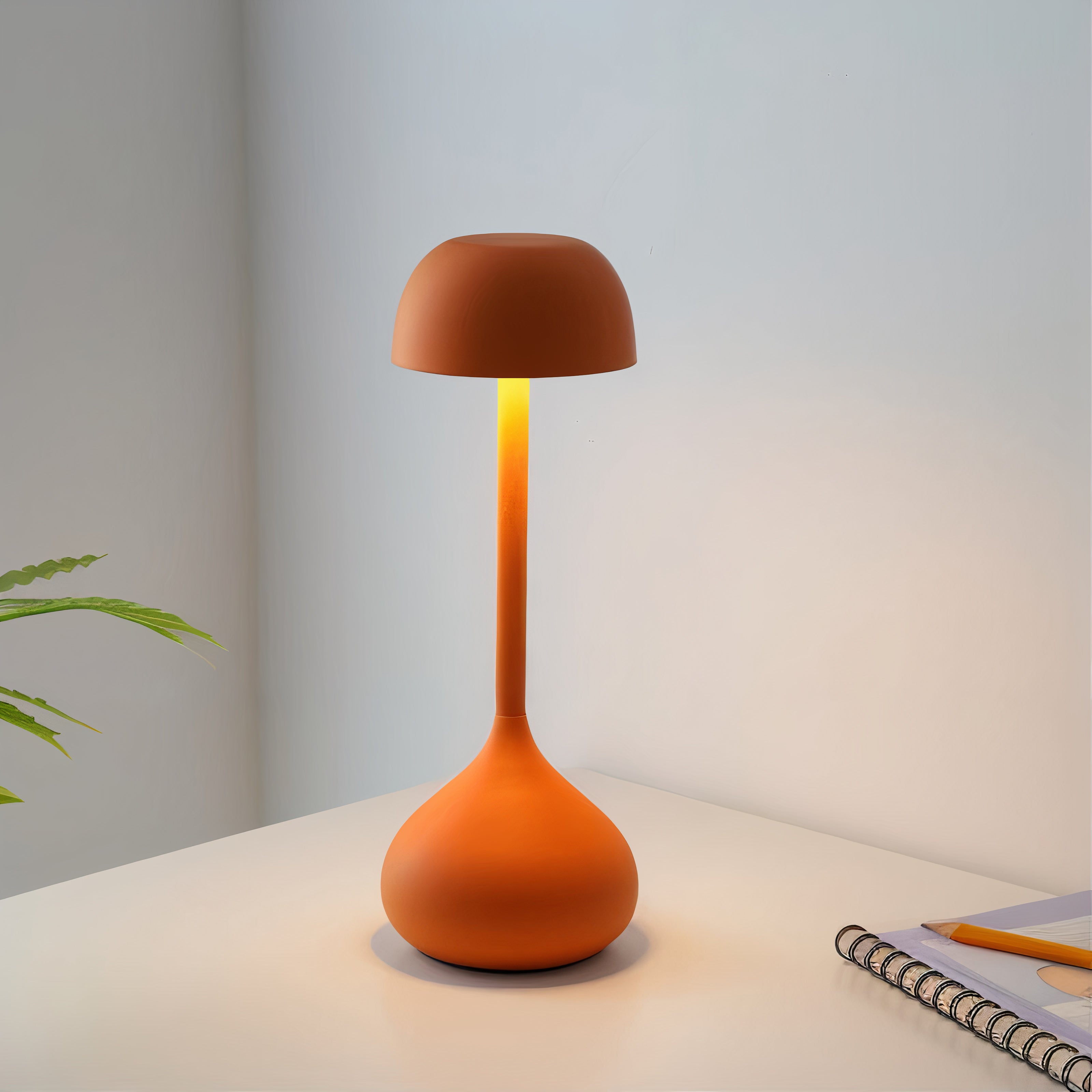 Orange table lamp on a surface with a plant and notebook in the background