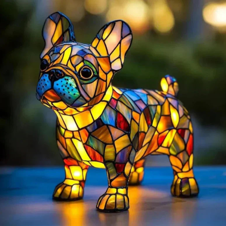 Colorful stained glass sculpture of a dog on a blurred background