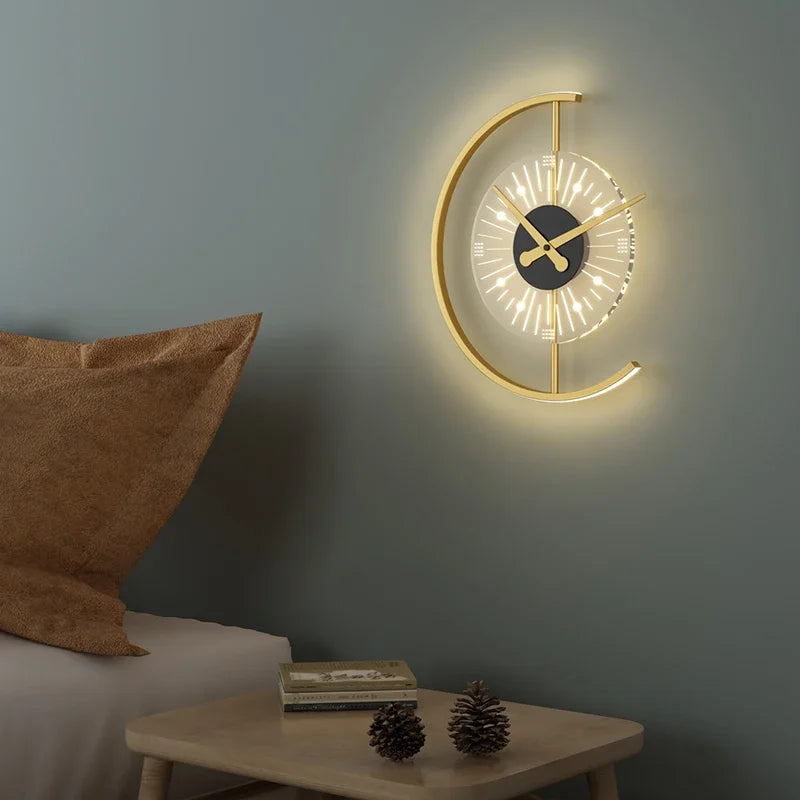 Decorative wall clock with a crescent moon design on a gray wall.