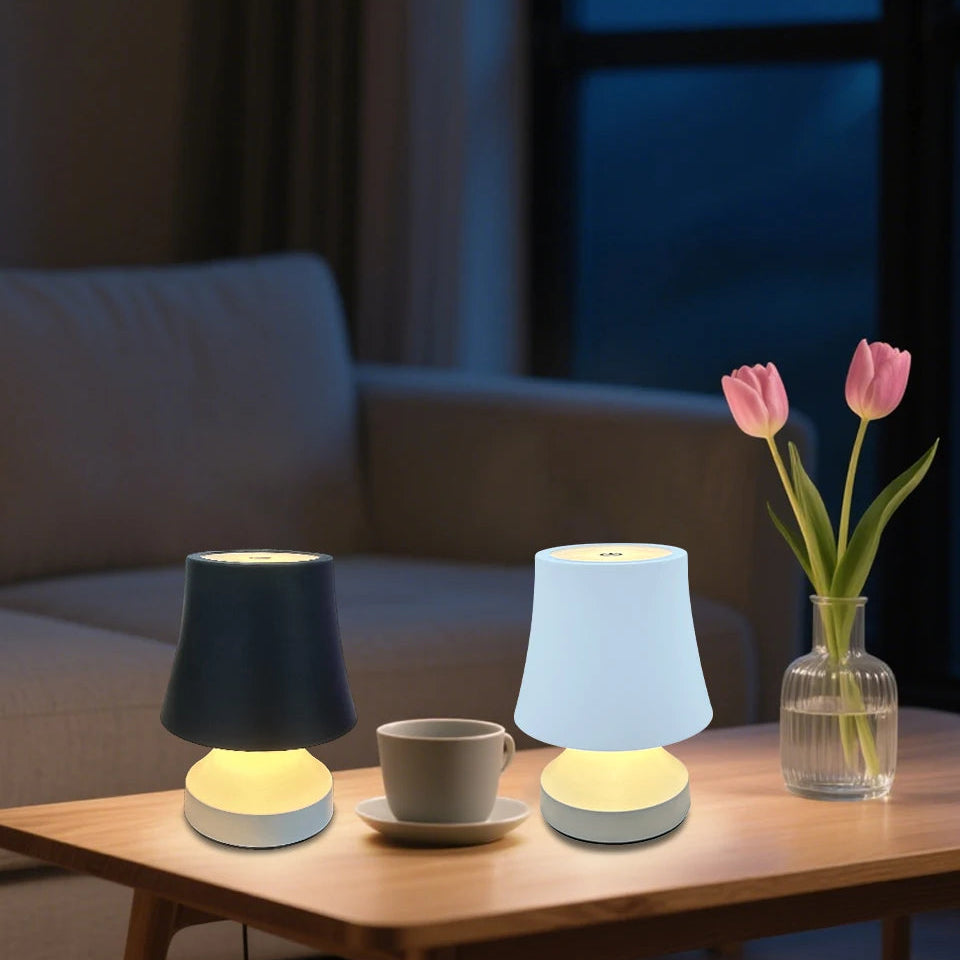 Two table lamps on a wooden surface with a cup and vase in the background.