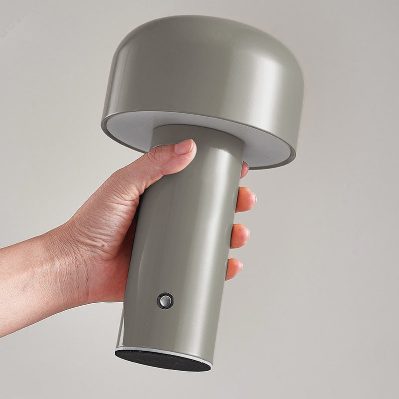 Hand holding a gray outdoor lamp against a plain background