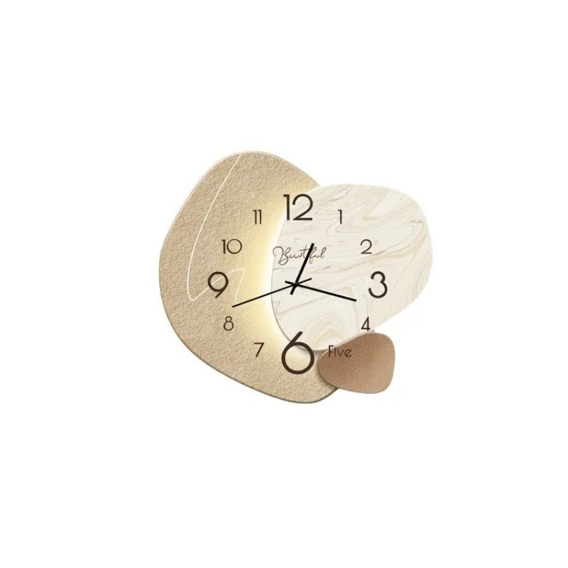 Wooden wall clock with leaf design on a white background