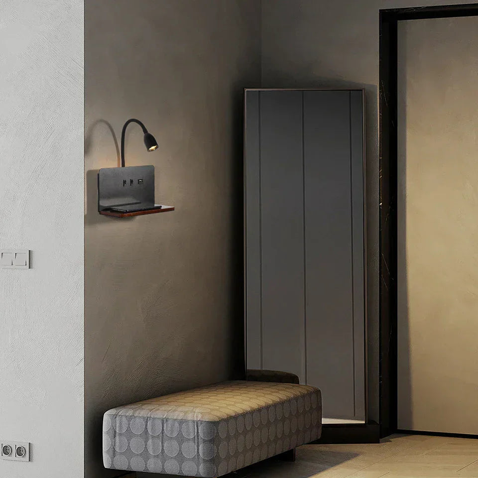 Modern interior with a bench, wall-mounted shelf, and tall cabinet.