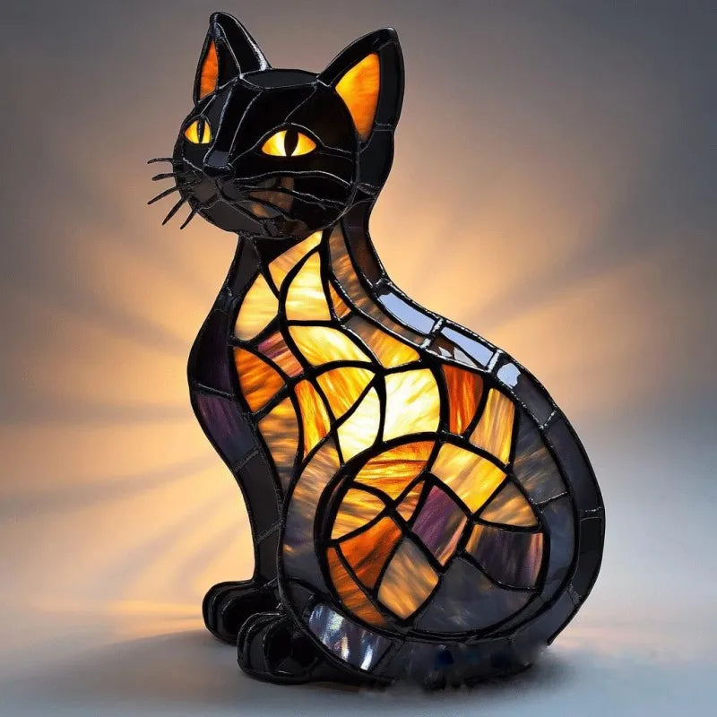 Stained glass cat lamp with warm lighting on a soft background