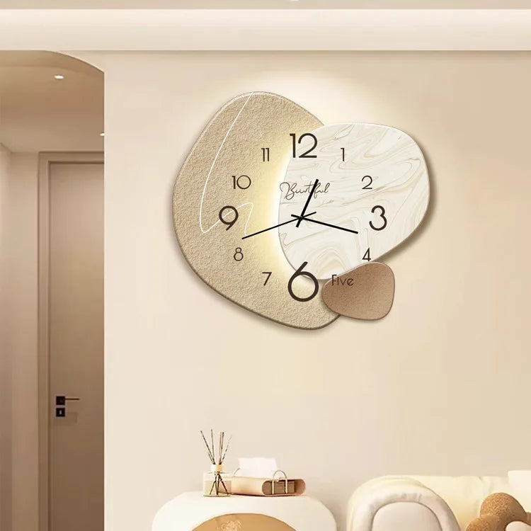 Decorative wall clock on a light-colored wall with minimal decor.