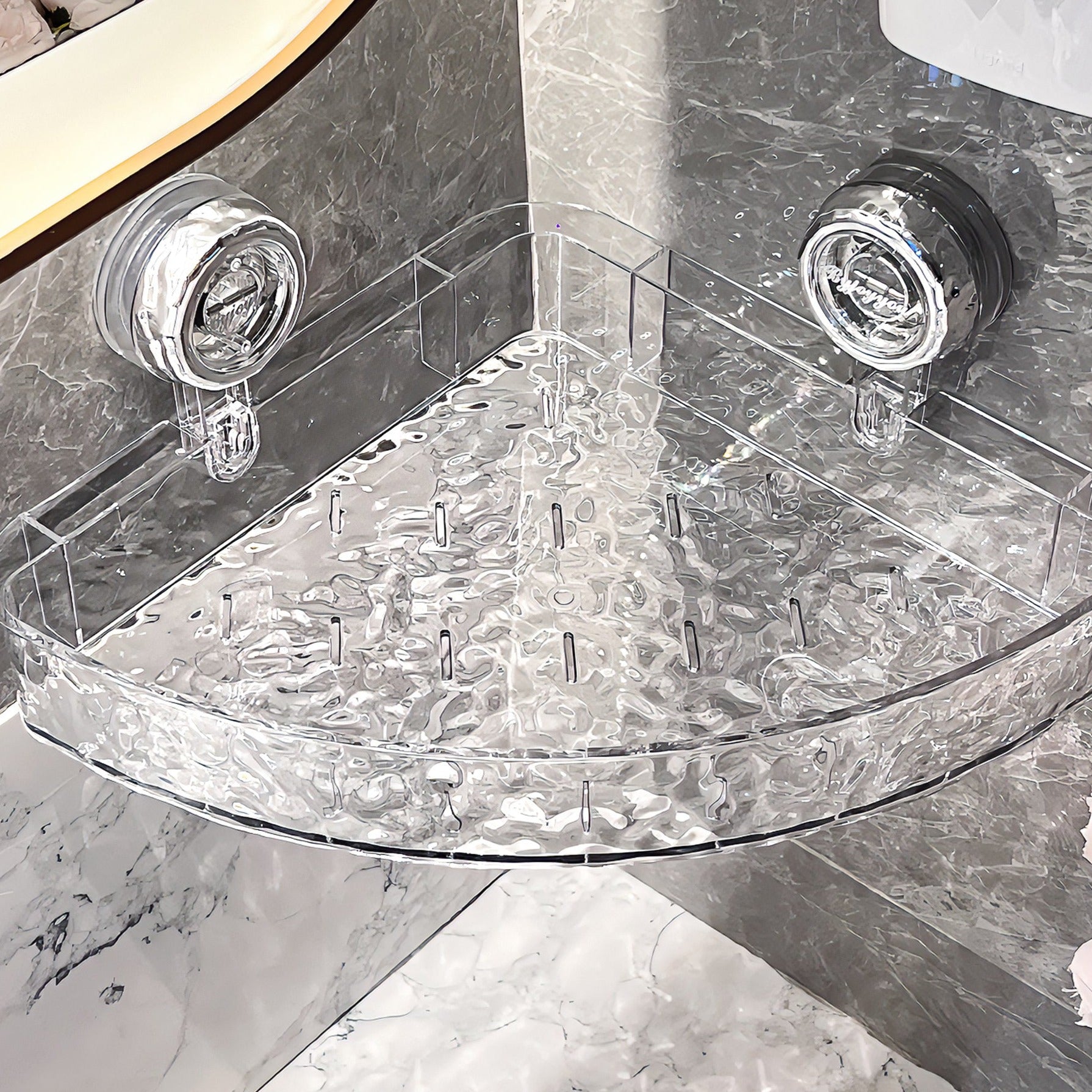 Glass shower tray with corner support system on a marble floor