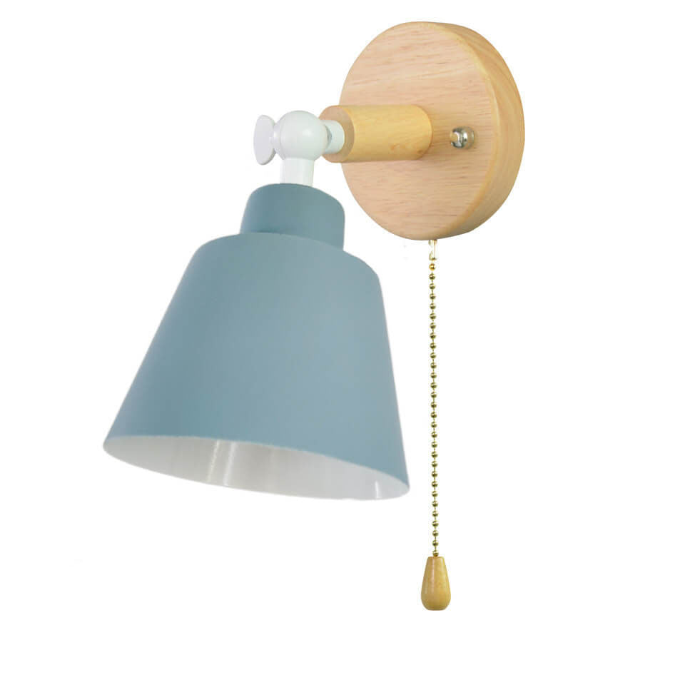 Wall-mounted light fixture with blue shade and wooden pull switch on a white background