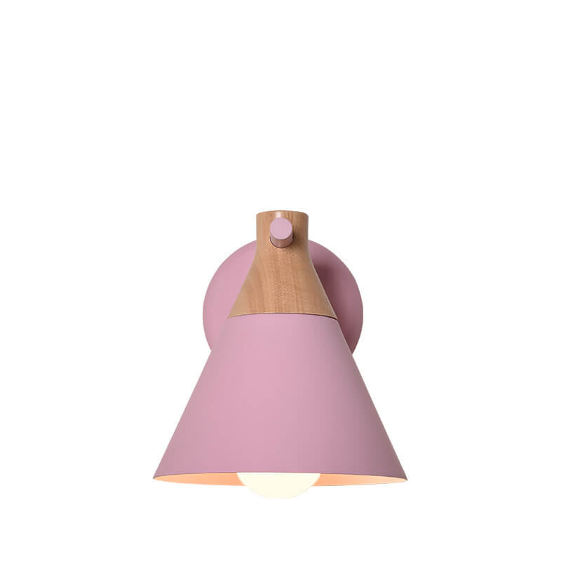 Pink wall sconce with wooden accent on a white background