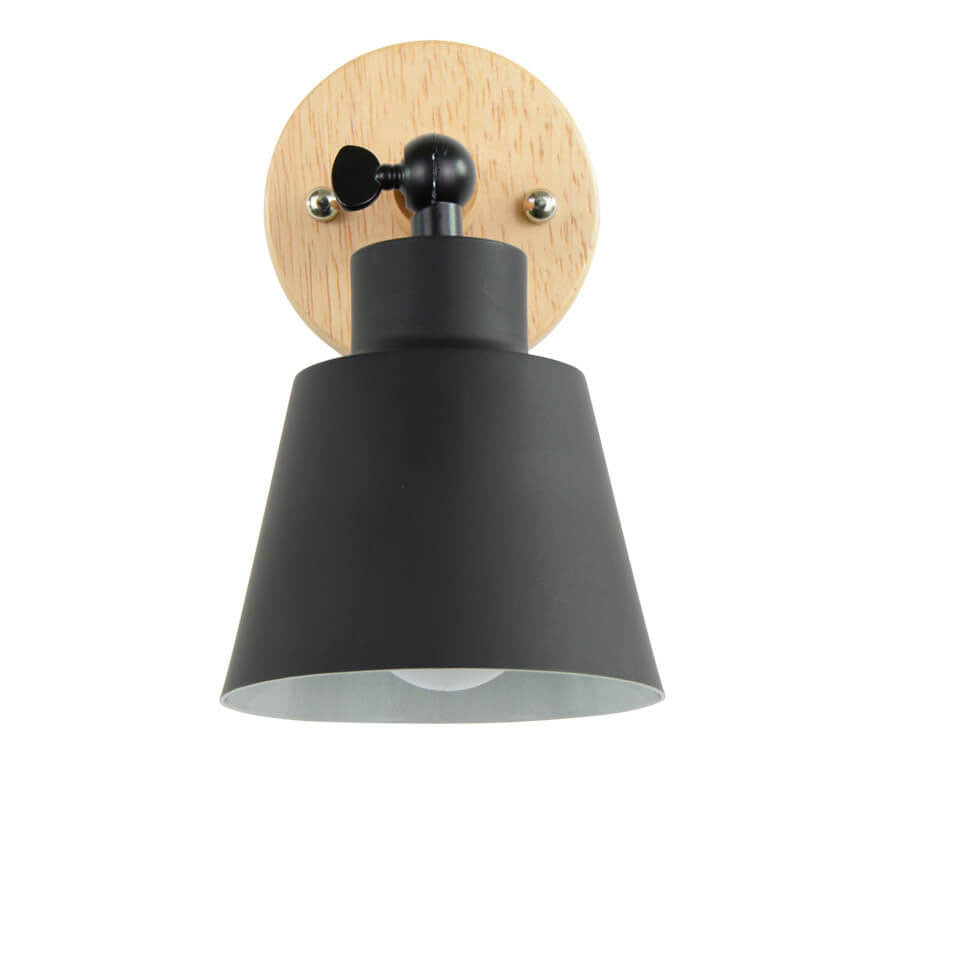 Wall-mounted light fixture with black shade and wooden base on a white background