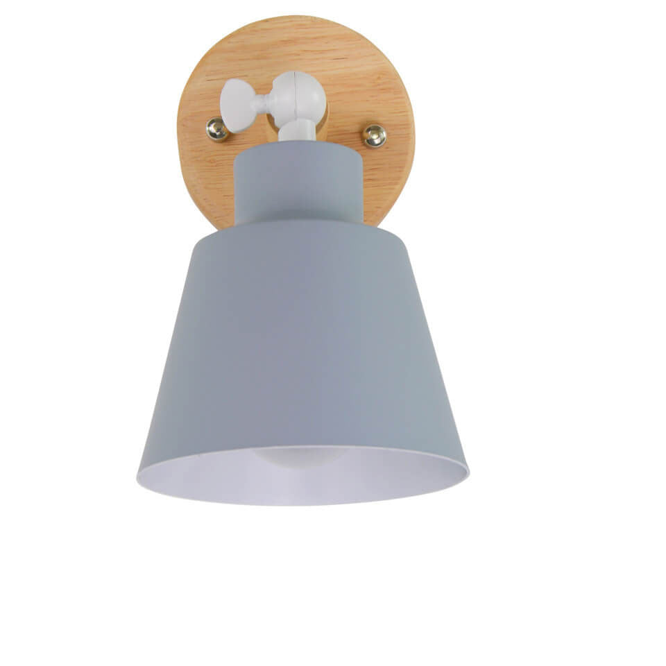 Wall-mounted light fixture with gray shade and wooden base on a white background