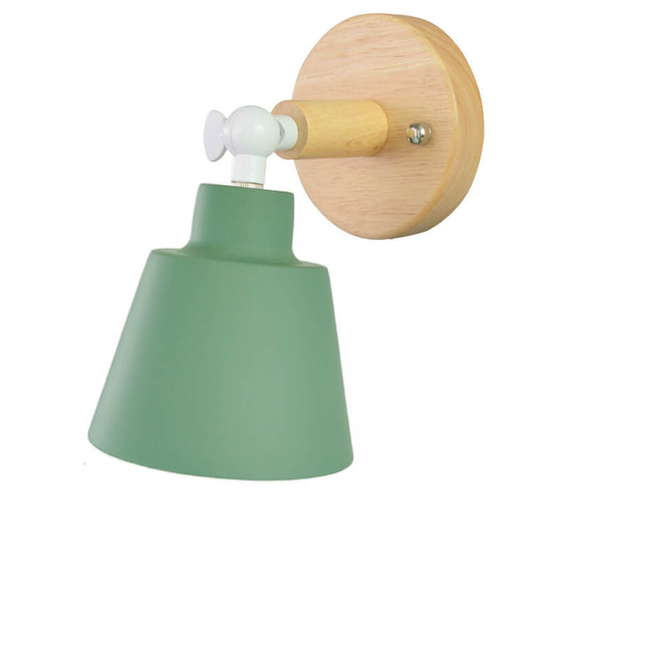 Wall lamp with green shade and wooden fixture on a white background