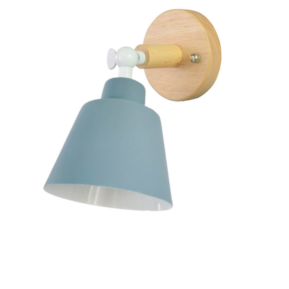 Wall lamp with blue shade and wooden fixture on a white background