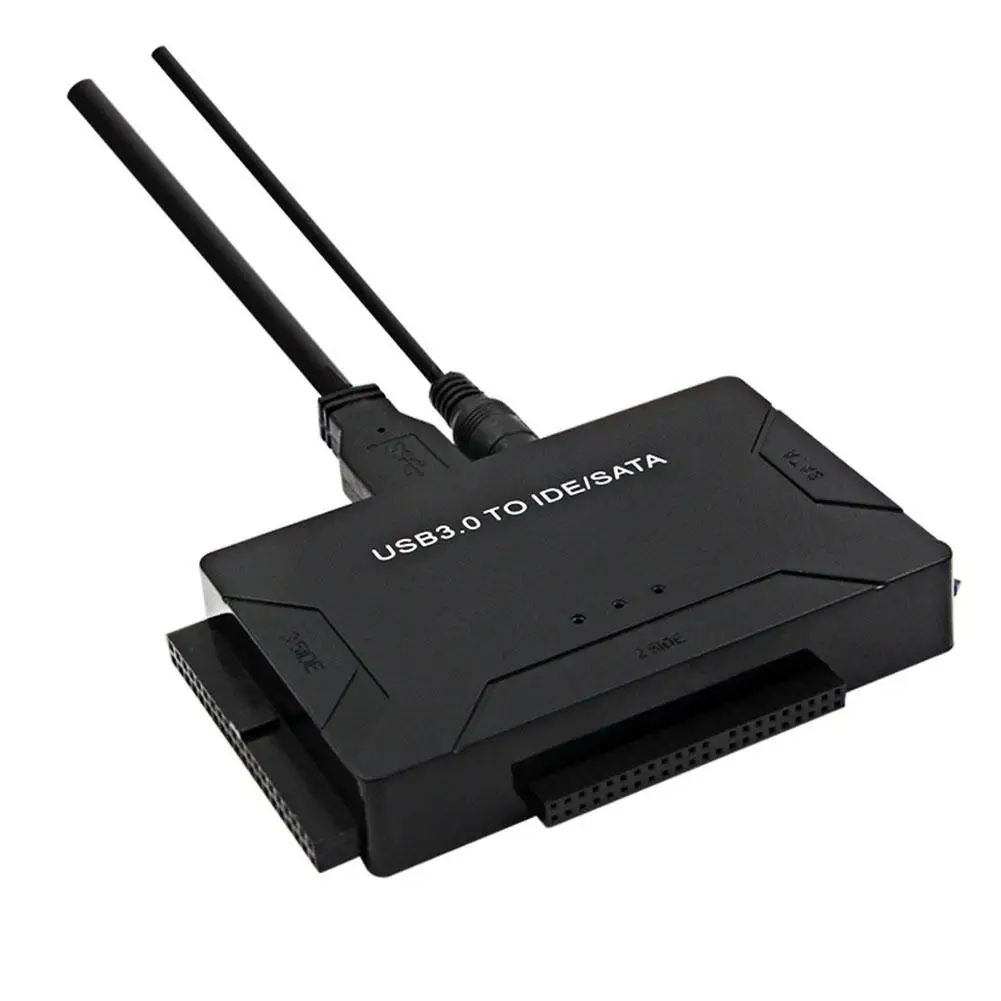 Black USB 3.0 to IDE/SATA adapter with antennas on a white background