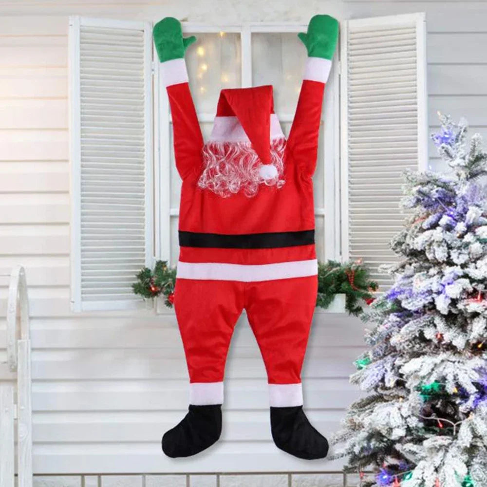 Person wearing a Santa Claus costume standing on a porch with a Christmas tree in the background.