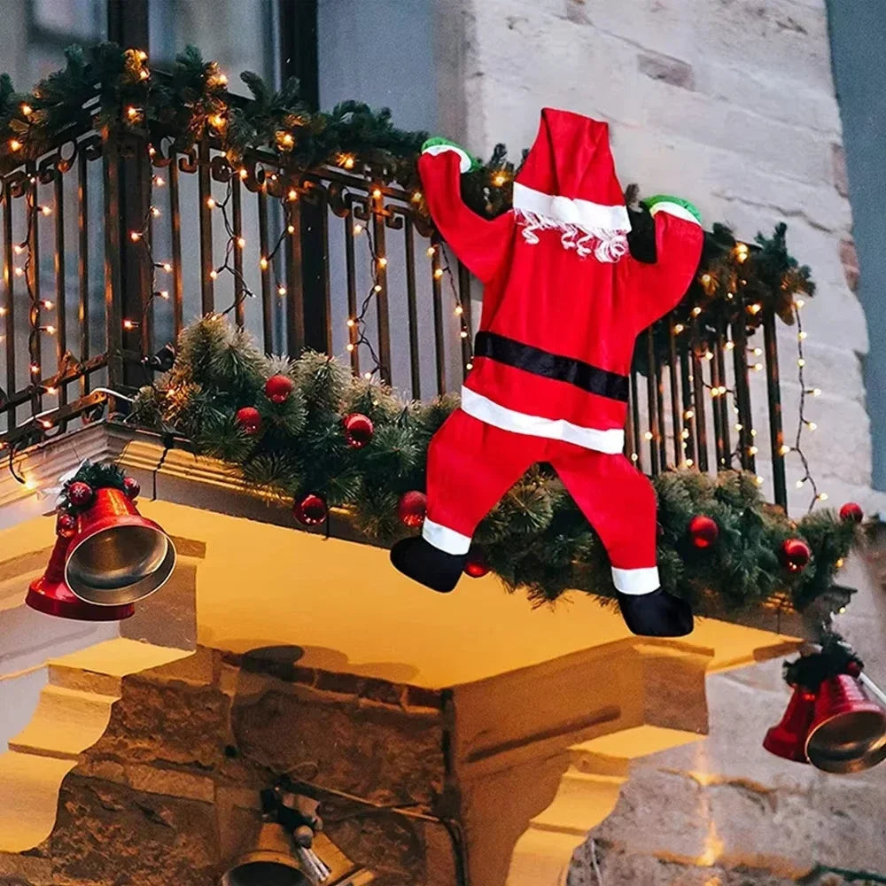 Animated Santa Claus figure on a balcony with Christmas decorations