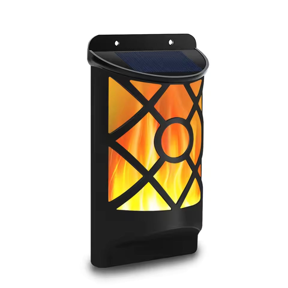 Solar-powered flame-patterned light on a white background