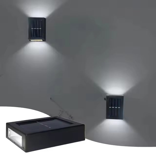 Two wall-mounted outdoor lights and a solar panel on a white background