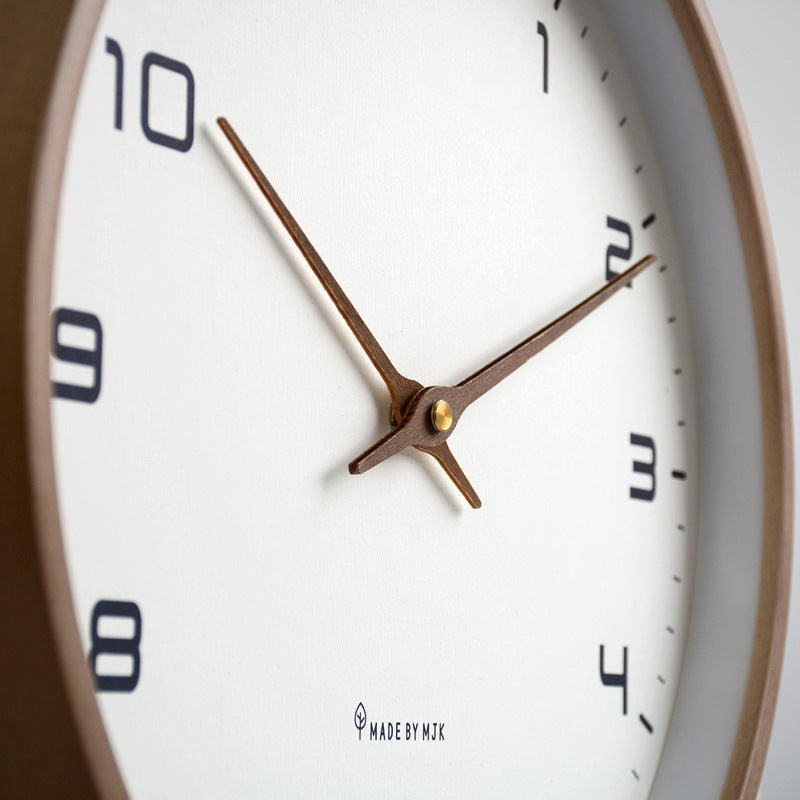 Close-up of a clock face with brown hands on a white background