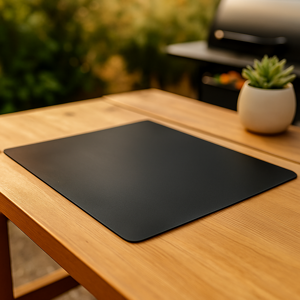 Black mouse pad on a wooden desk with a blurred outdoor background