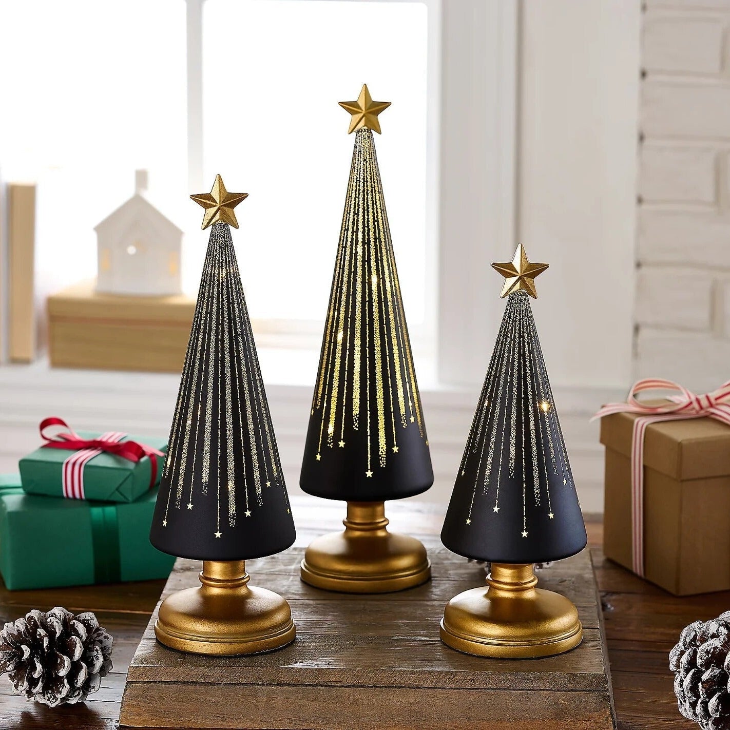 Set of 3 Christmas Tree Table Decorations with Warm White Light – Elegant Holiday Decor for Cozy Festive Atmosphere 0