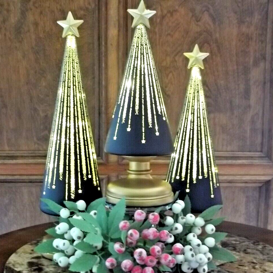 Set of 3 Christmas Tree Table Decorations with Warm White Light – Elegant Holiday Decor for Cozy Festive Atmosphere 1