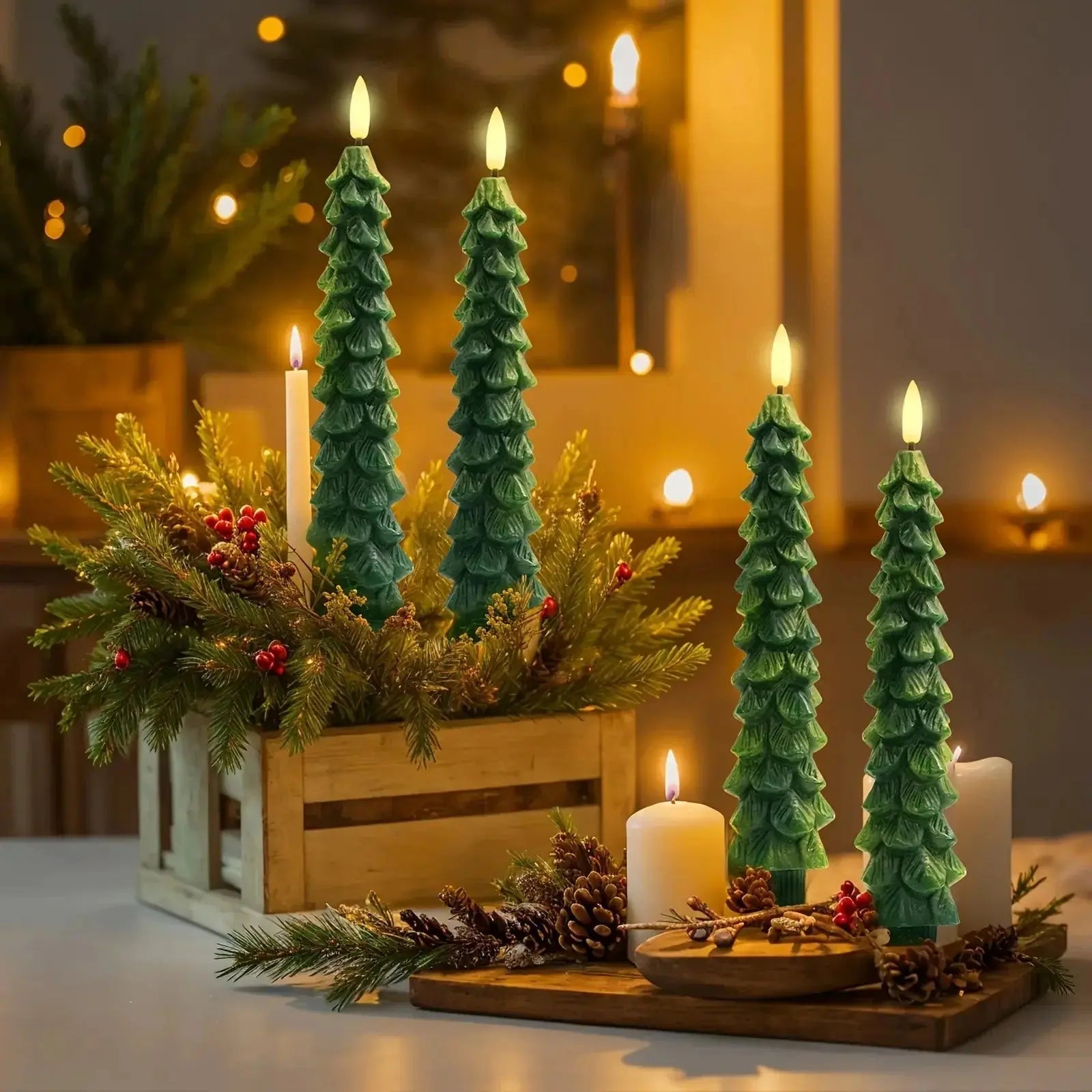 Set of 4 Flameless LED Fir Candles – Safe Warm Light for Cozy Winter Decor 0