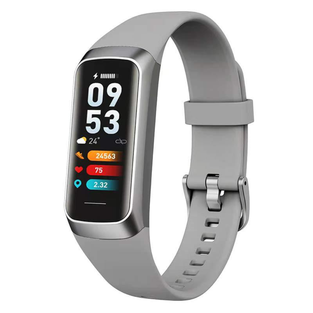 Gray fitness tracker with a digital display on a white background