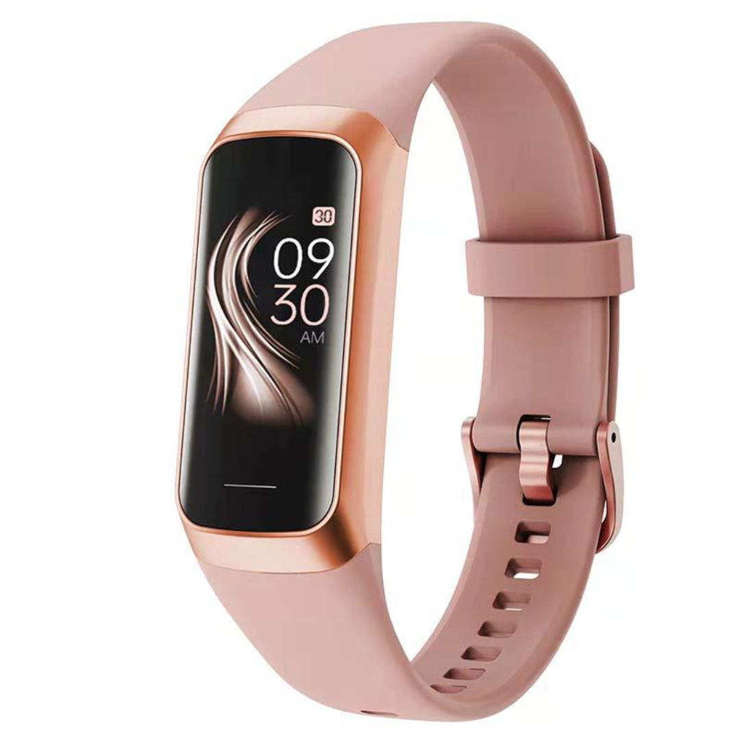 Rose gold fitness tracker with a white background