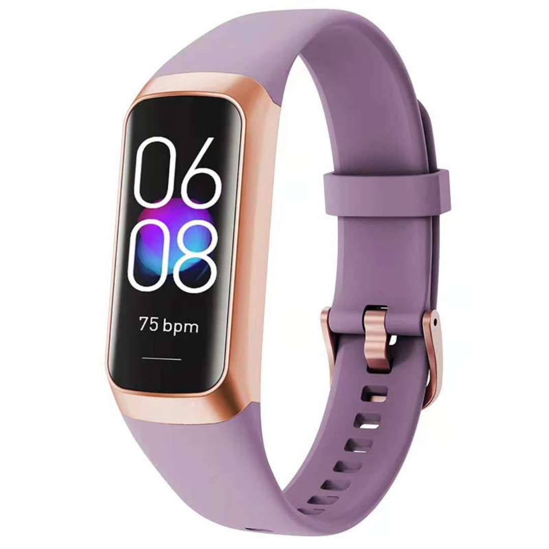 Smartwatch with a purple band and rose gold accents on a white background