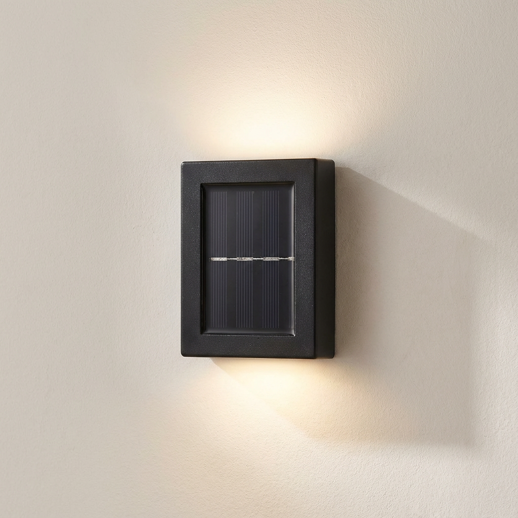 Black square wall light fixture on a beige wall