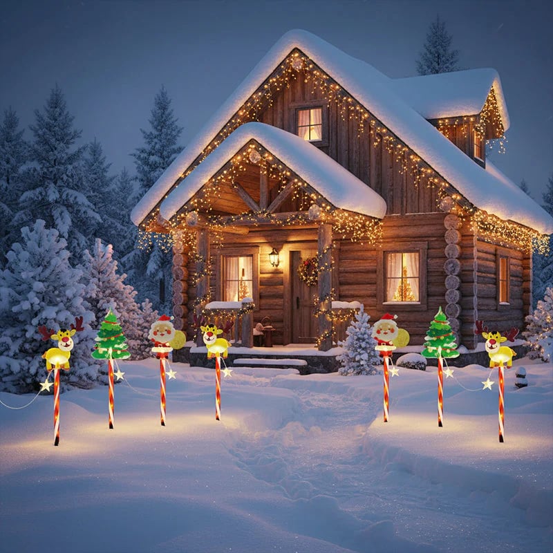 Log cabin in the snow with Christmas lights and decorations