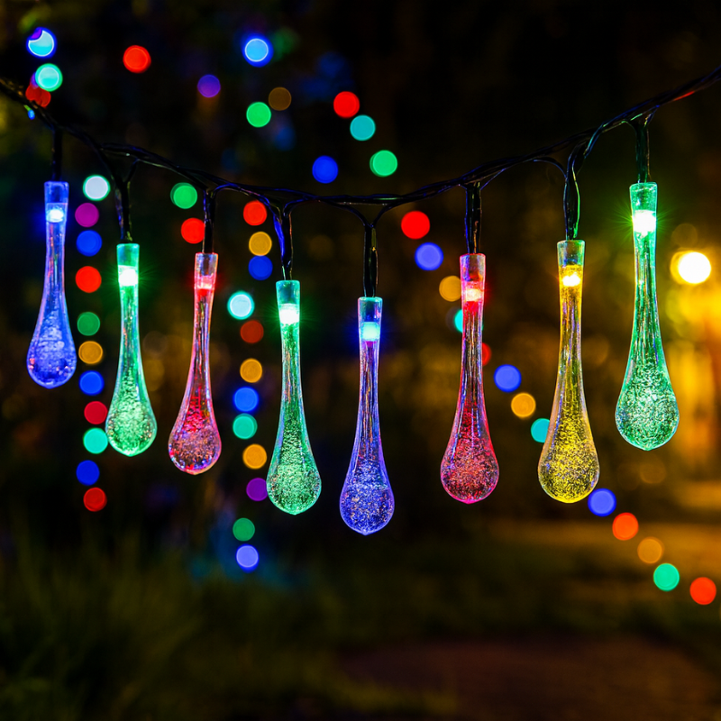 String of colorful water droplet lights against a blurred bokeh background