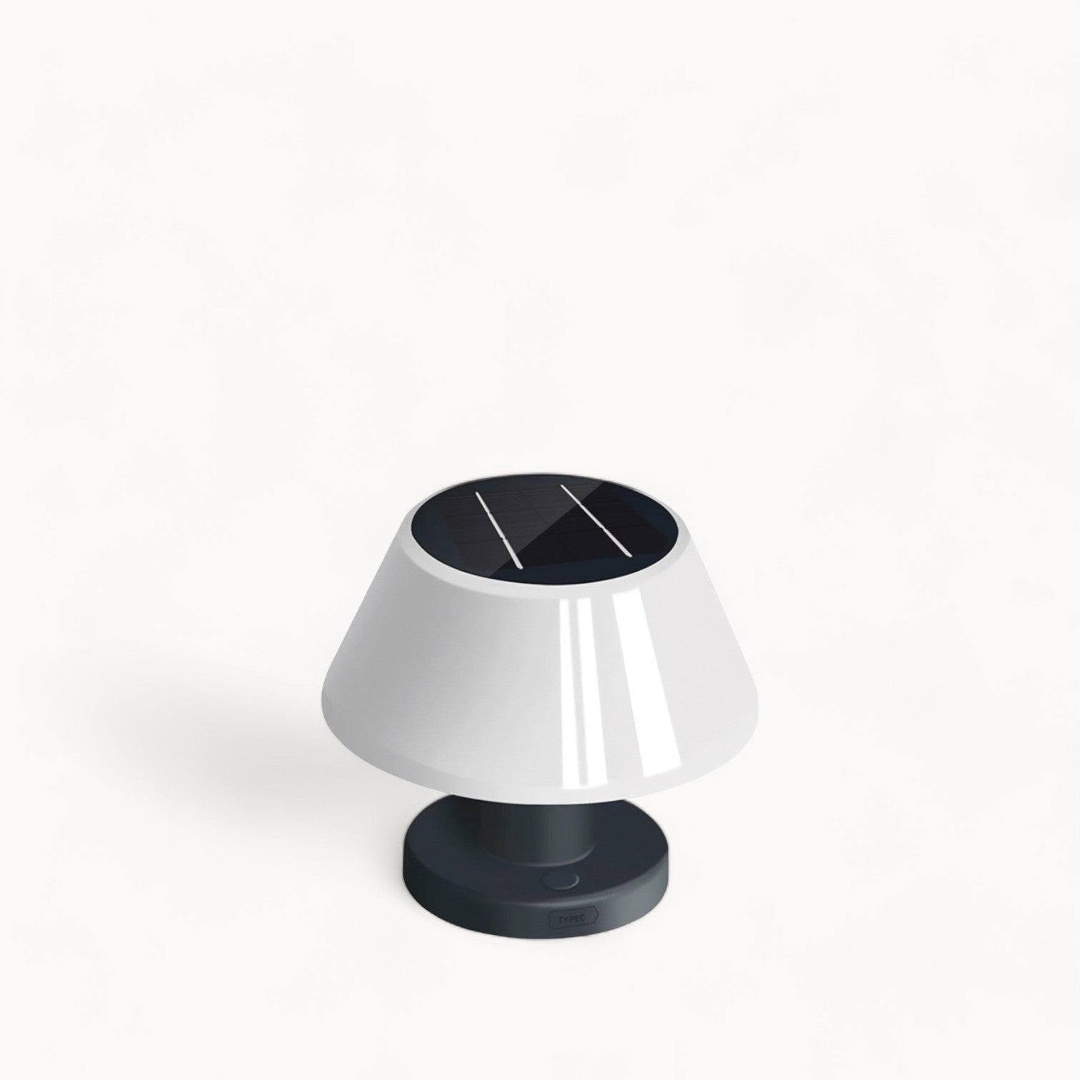 Solar-powered outdoor lamp with black base and white shade on a white background