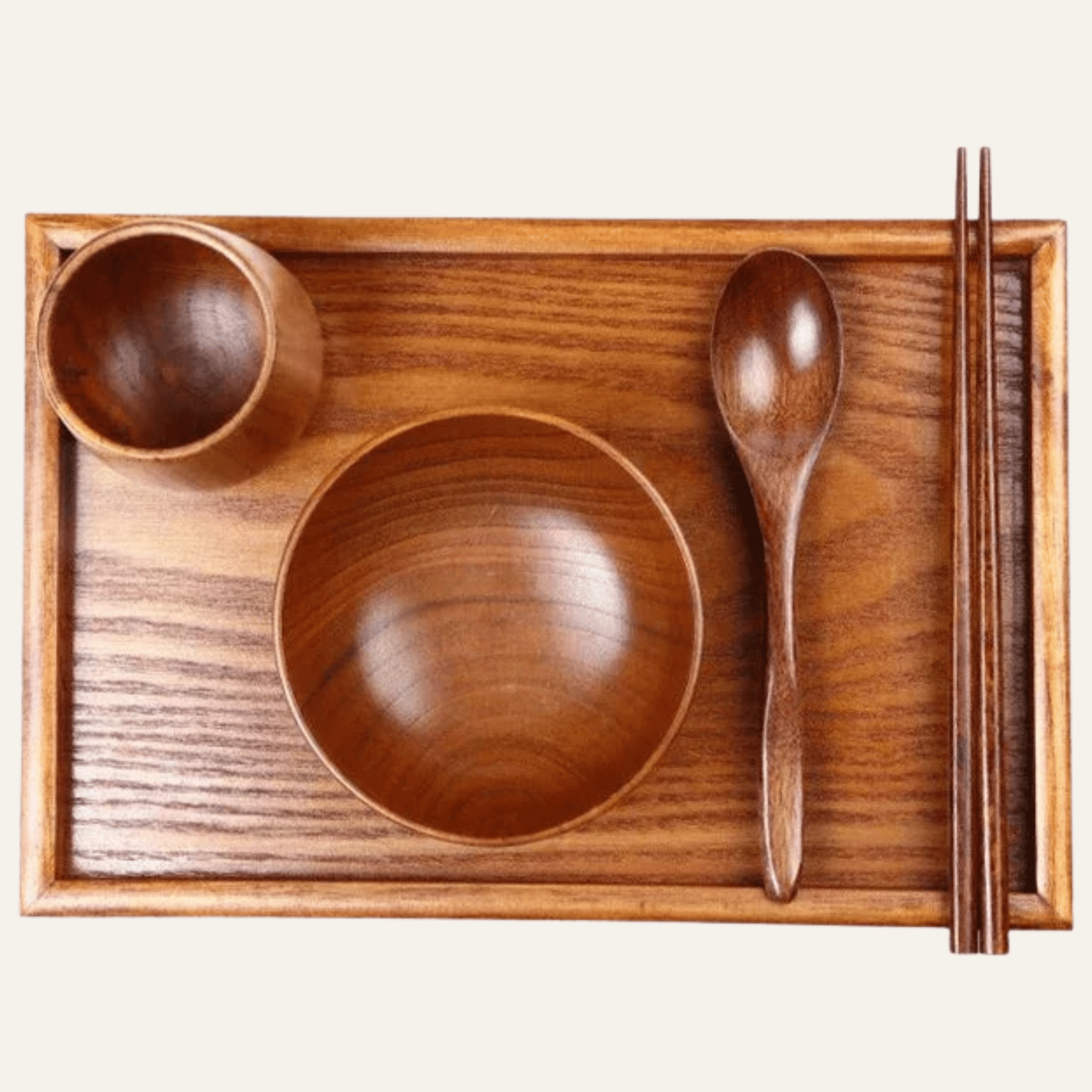 Solid Jujube Wood Dinnerware Set – Japanese-Inspired Tableware with Bowl, Cup, Tray, Spoon, and Chopsticks 1