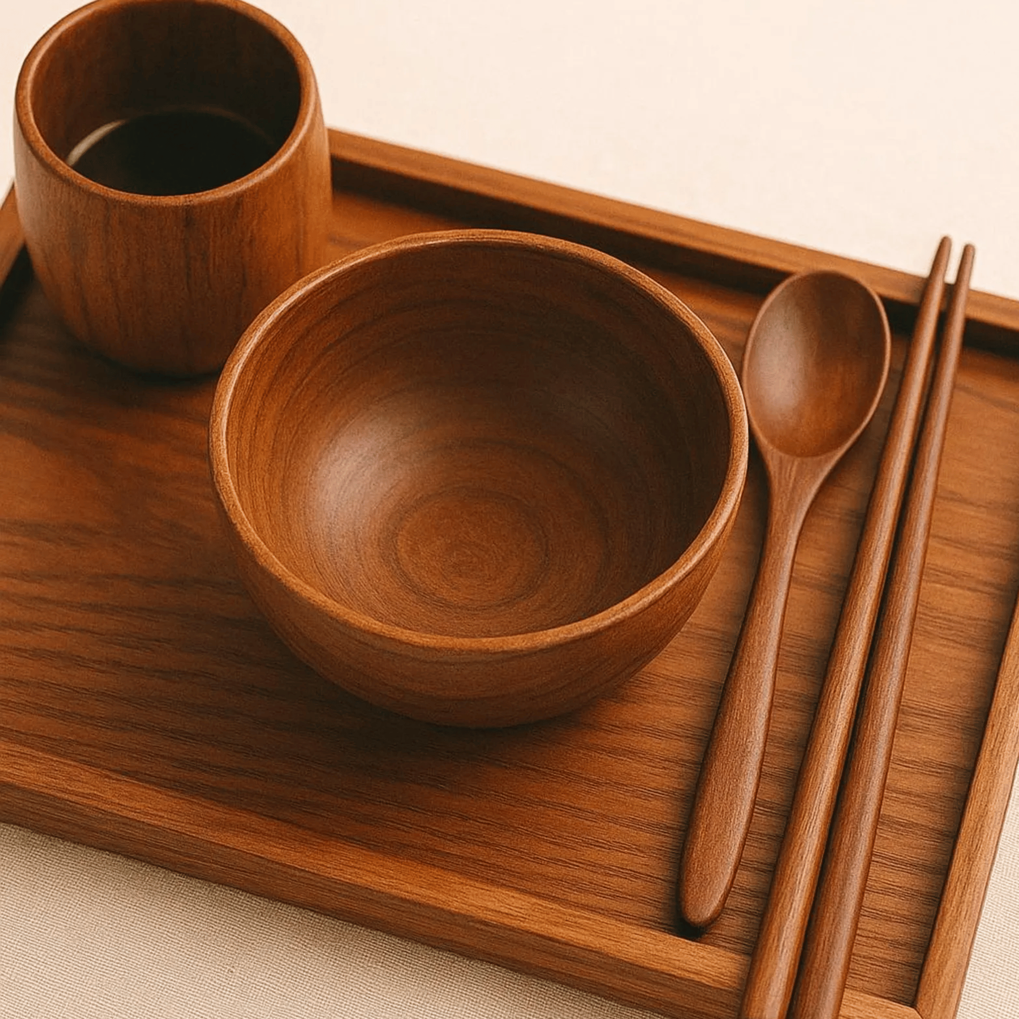 Solid Jujube Wood Dinnerware Set – Japanese-Inspired Tableware with Bowl, Cup, Tray, Spoon, and Chopsticks 2