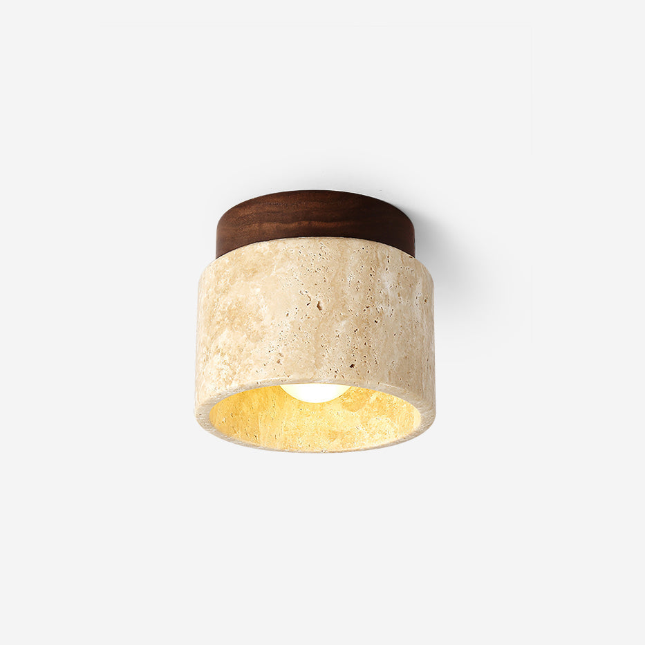 Ceiling light fixture with wooden top and beige lampshade on a white background
