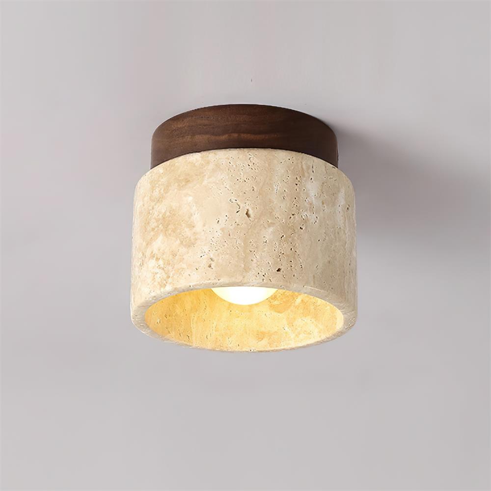 Ceiling light fixture with wooden top and stone-textured base on a gray background