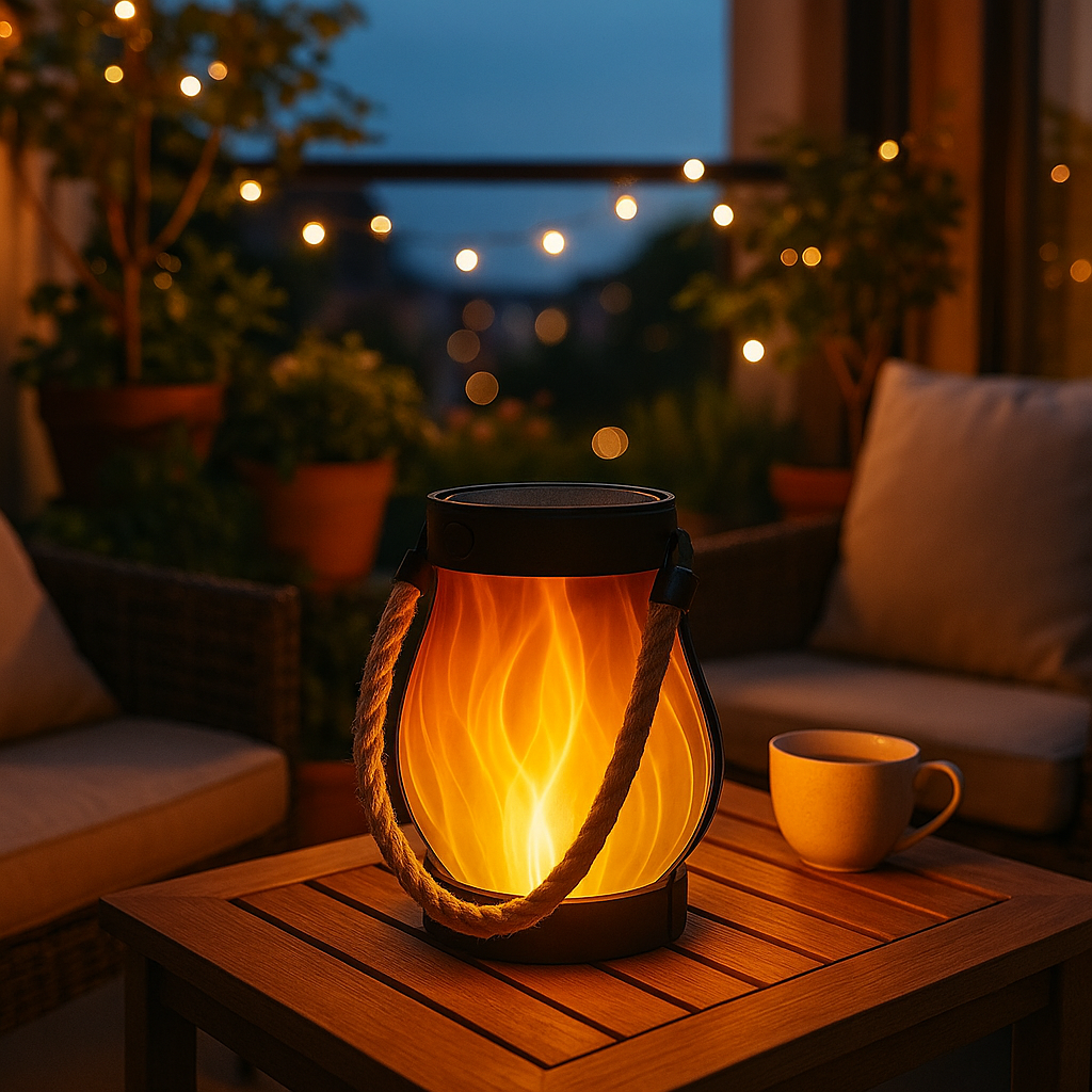 Luminous lantern on a wooden table with a cup, surrounded by plants and string lights at night.