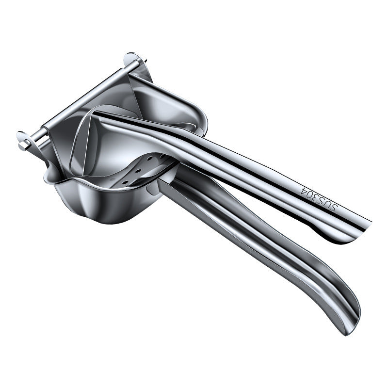 Stainless steel manual juicer on a white background