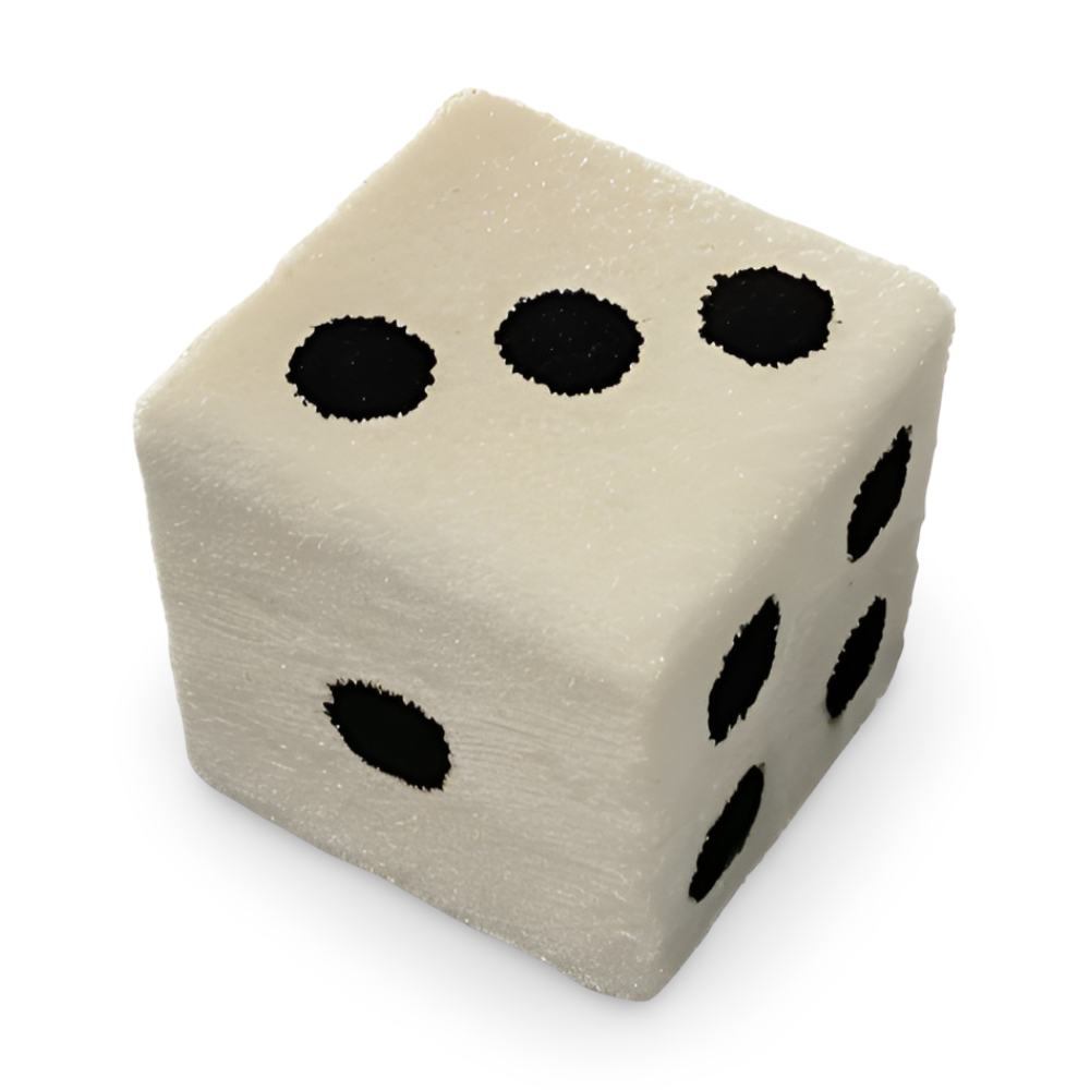 Beige dice with black dots on a white background