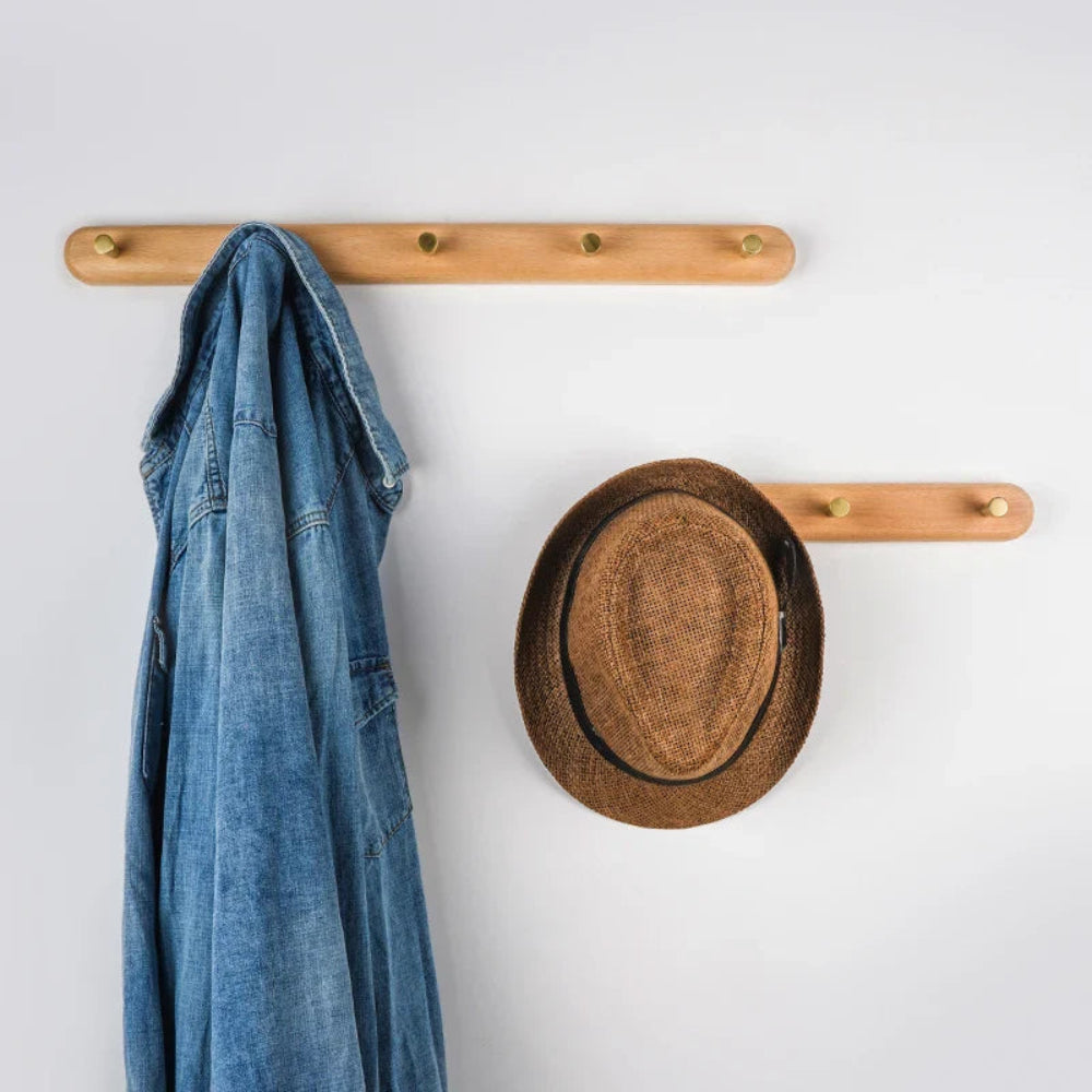 Stylish Wooden Wall Hooks with Brass Accents – Coat Hooks for Wall, Space-Saving Organizer for Coats, Keys, and Bags 2