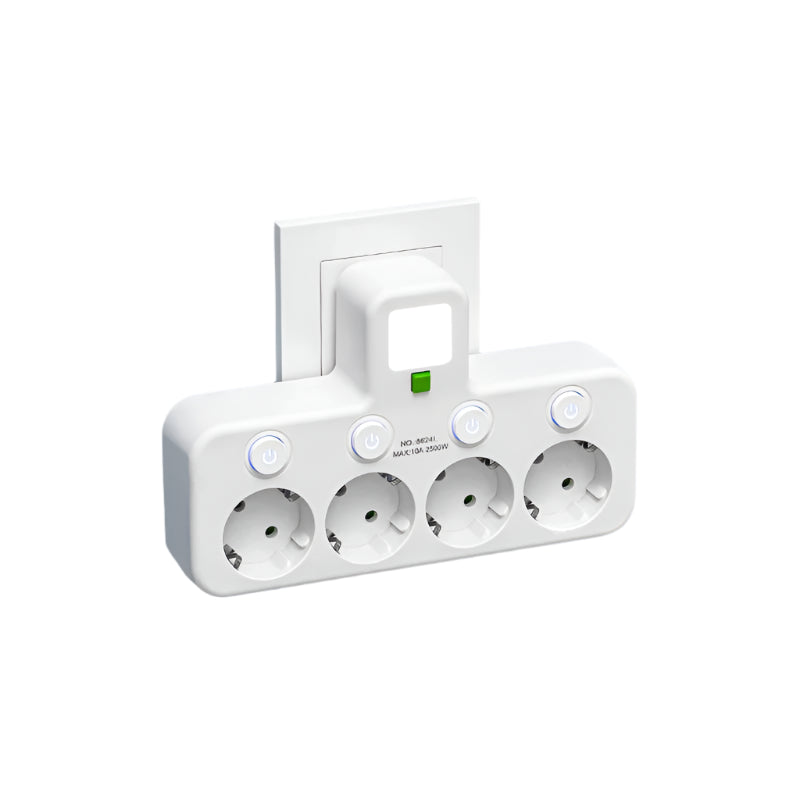 White electrical outlet with multiple sockets on a white background