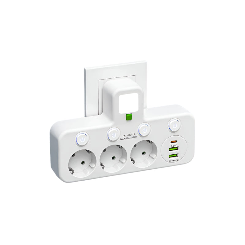 White electrical outlet with multiple sockets and USB ports on a white background