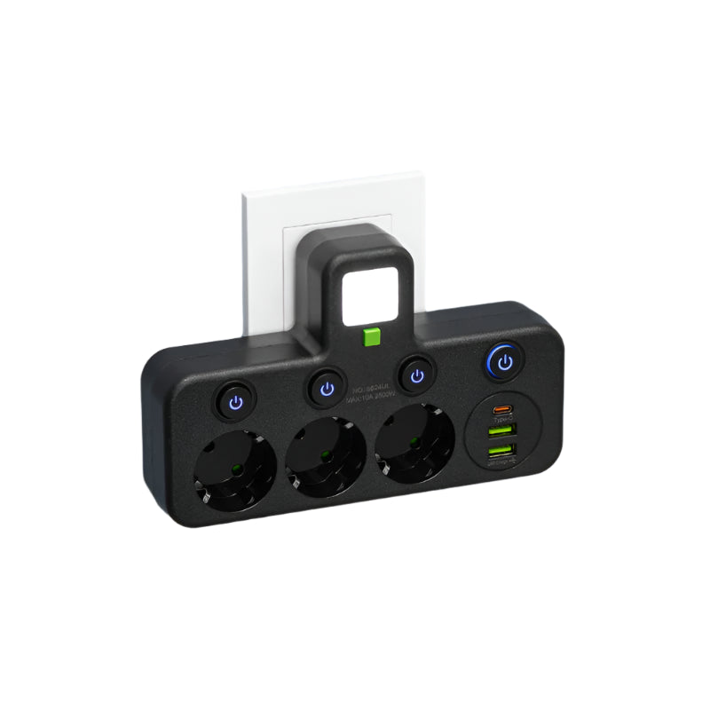 Black power strip with multiple outlets and USB ports on a white background