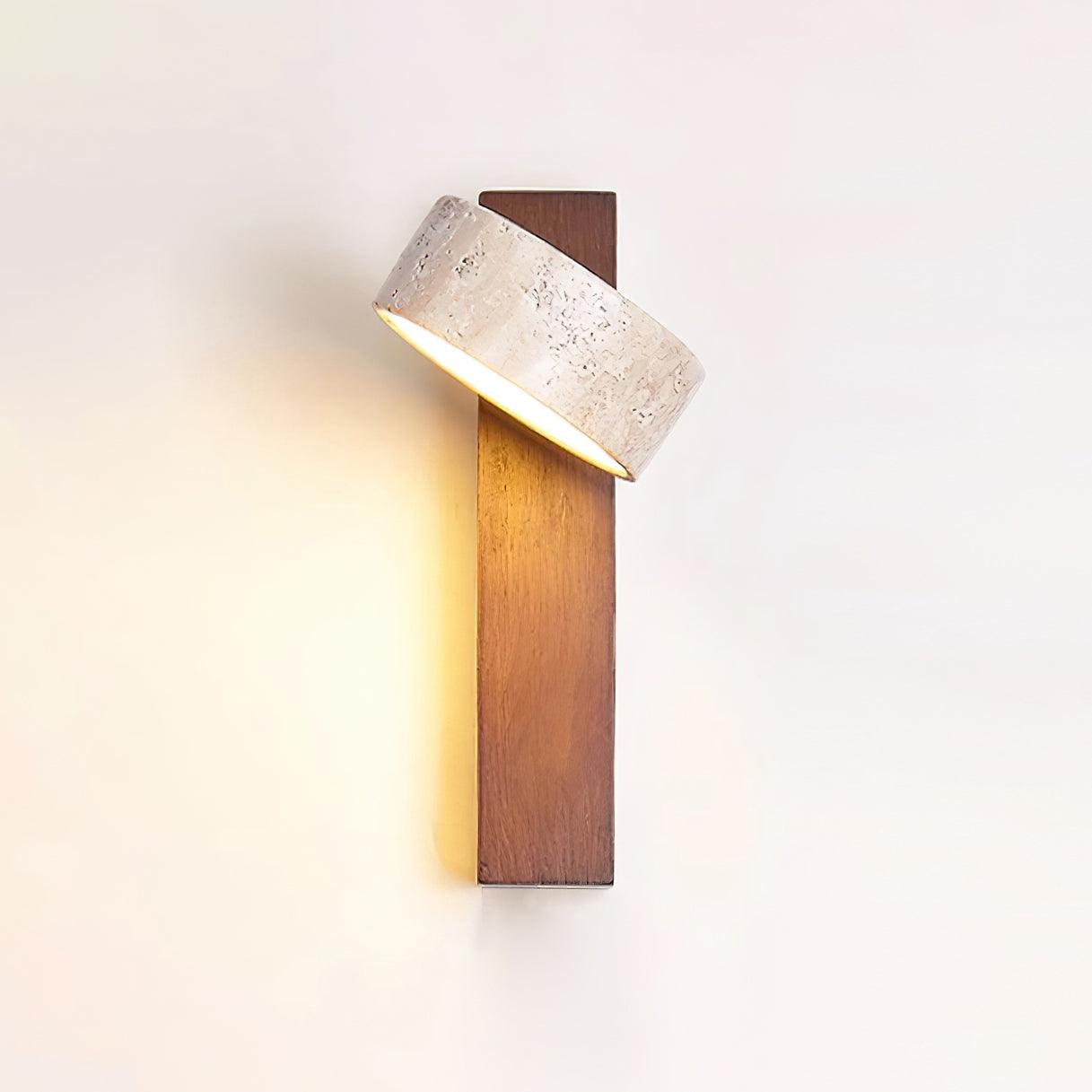 Modern wall-mounted light fixture with wooden base and concrete-like top on a white background