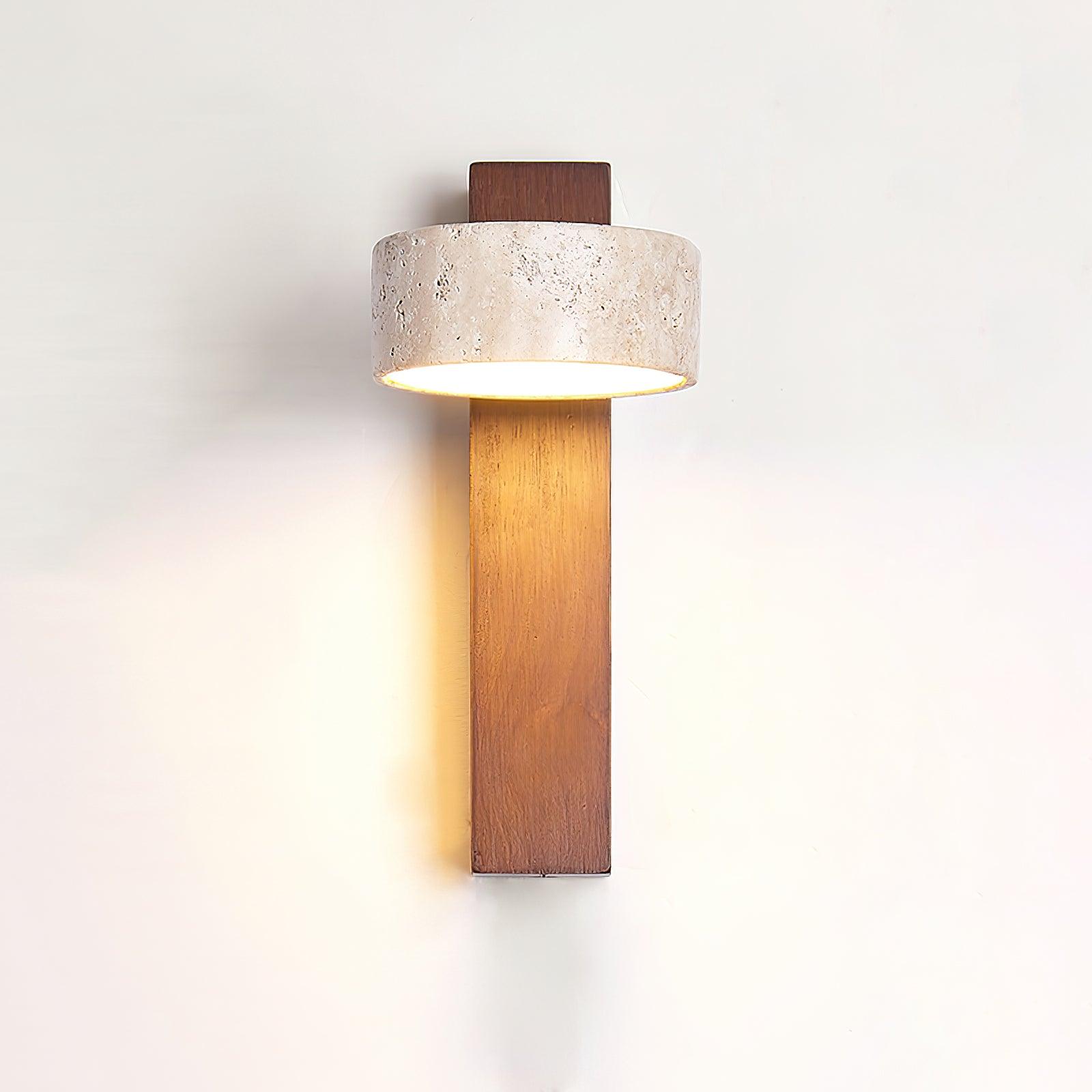 Wall-mounted light fixture with concrete top and wooden base on a white background